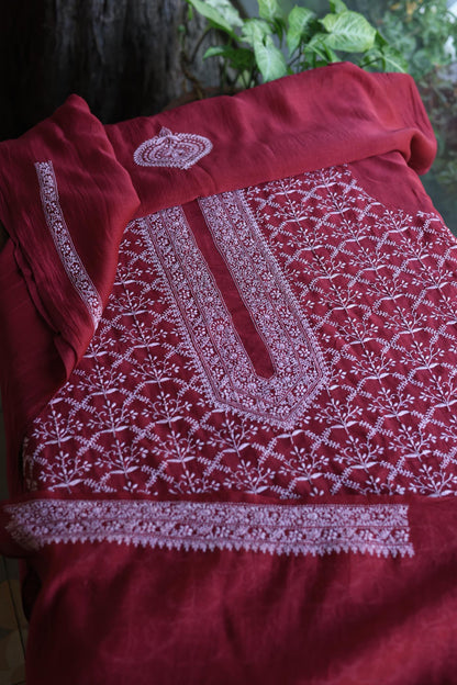 Red All Over Chikankari Malmal Unstitched Men's Kurtas Fabric