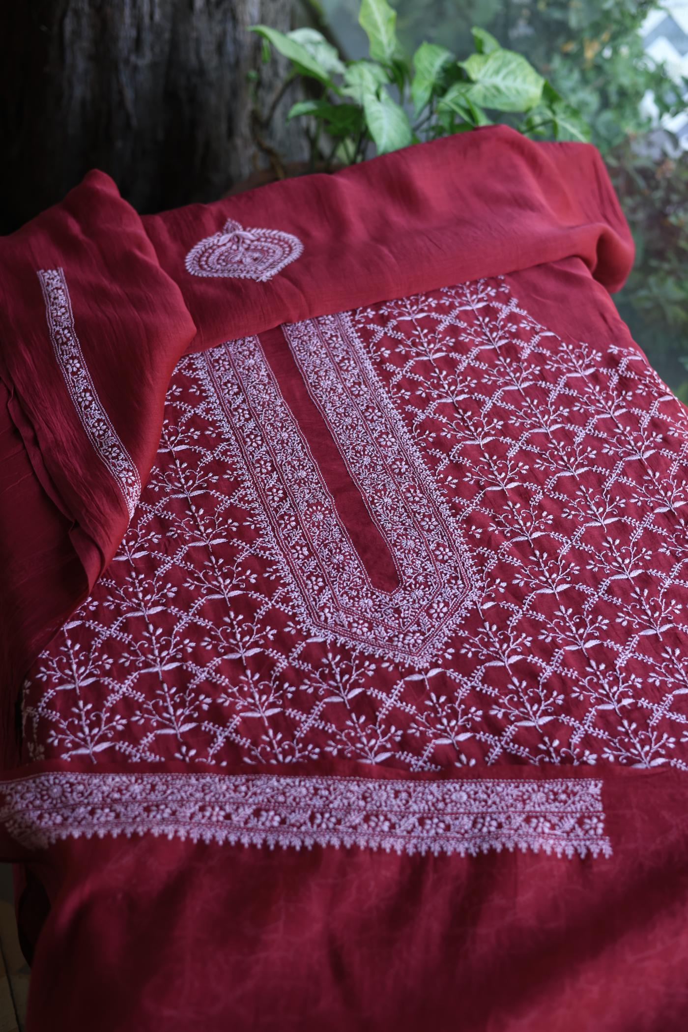 Red All Over Chikankari Malmal Unstitched Men's Kurtas Fabric