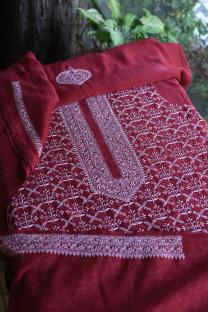 Red All Over Chikankari Malmal Unstitched Men's Kurtas Fabric