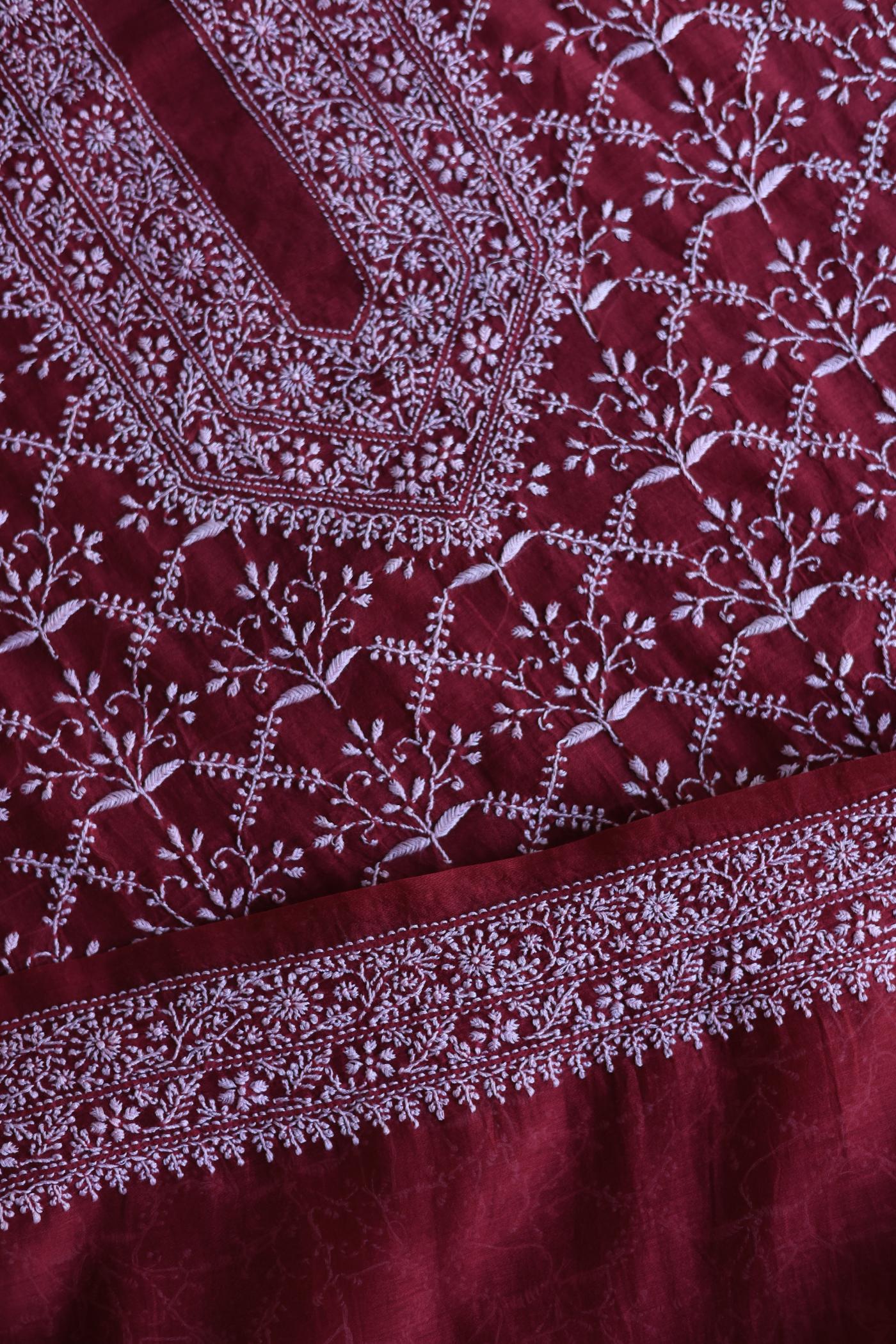 Red All Over Chikankari Malmal Unstitched Men's Kurtas Fabric