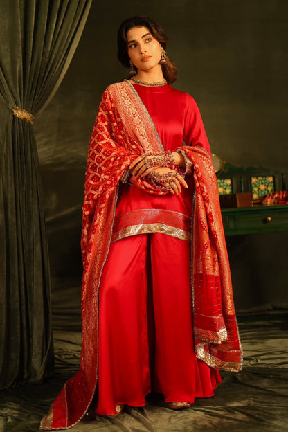 Red Bandhej Sharara Set with Kinnari Lace Detailing