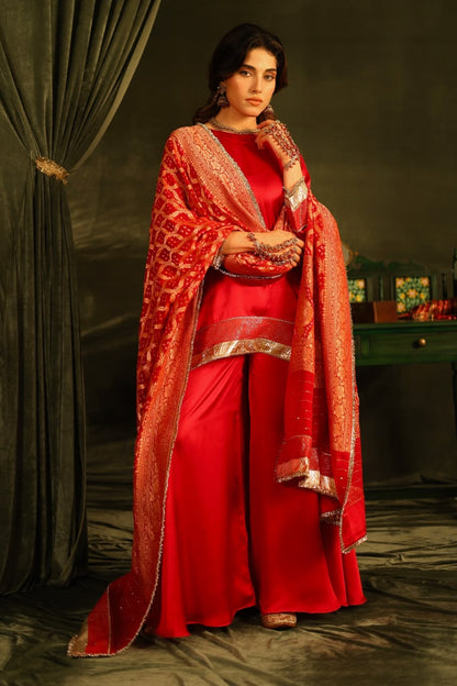 Red Bandhej Sharara Set with Kinnari Lace Detailing