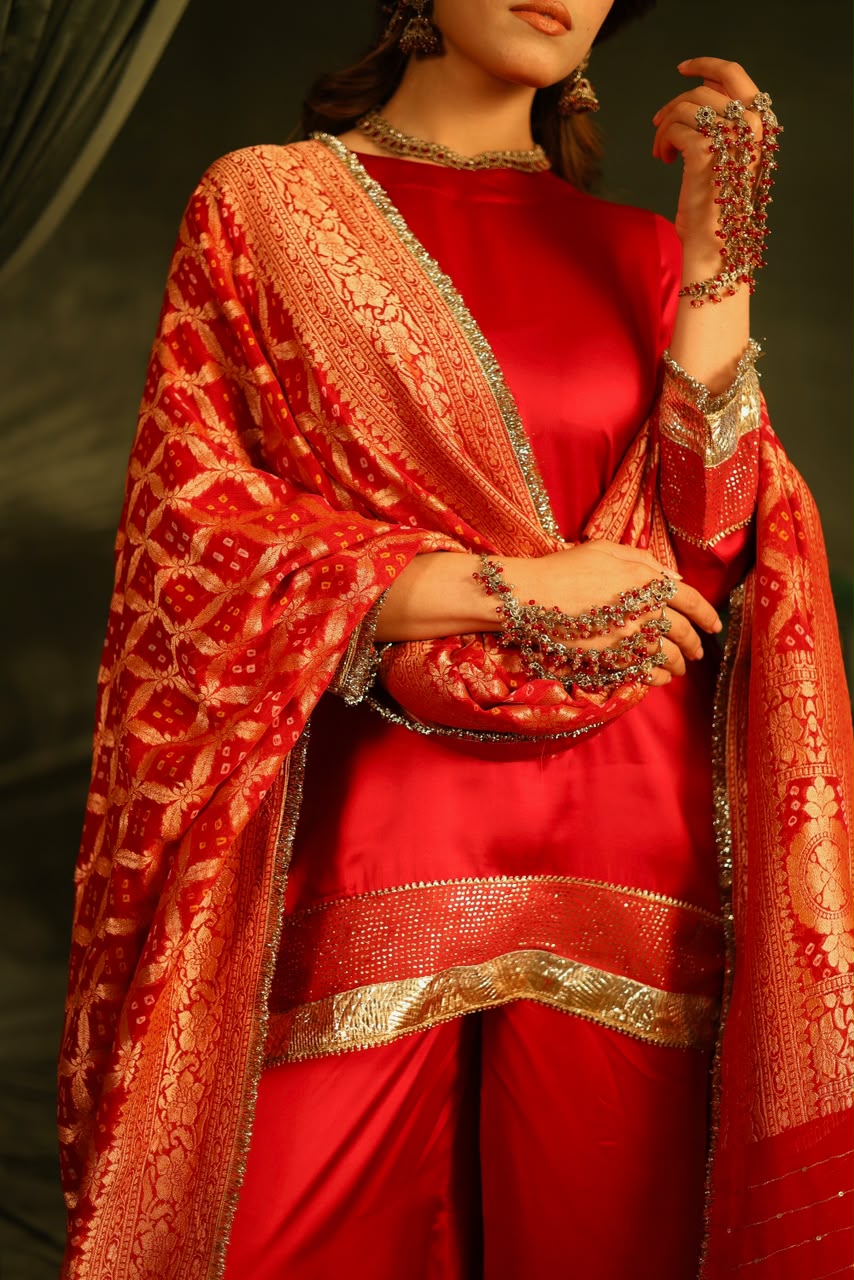Red Bandhej Sharara Set with Kinnari Lace Detailing