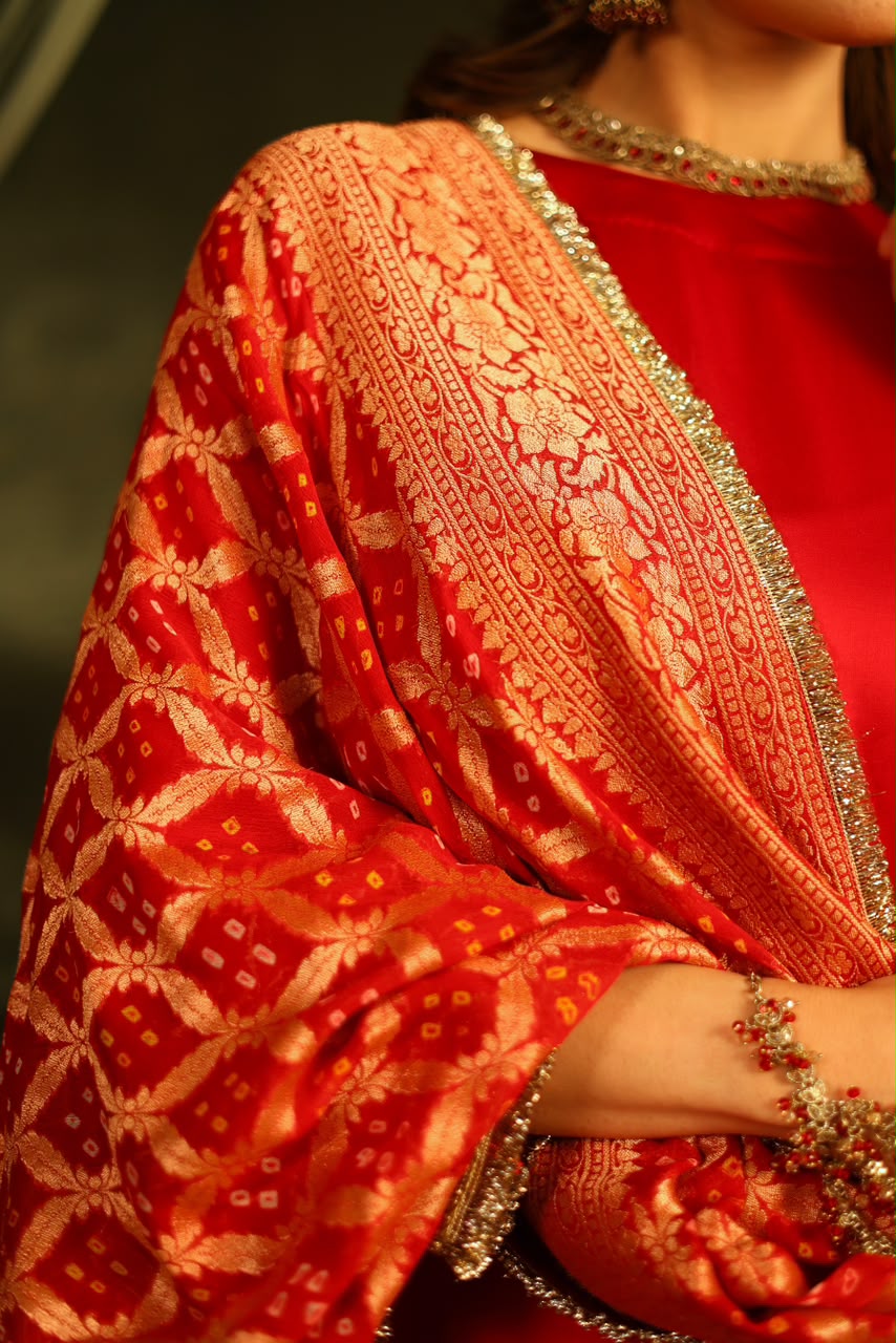 Red Bandhej Sharara Set with Kinnari Lace Detailing