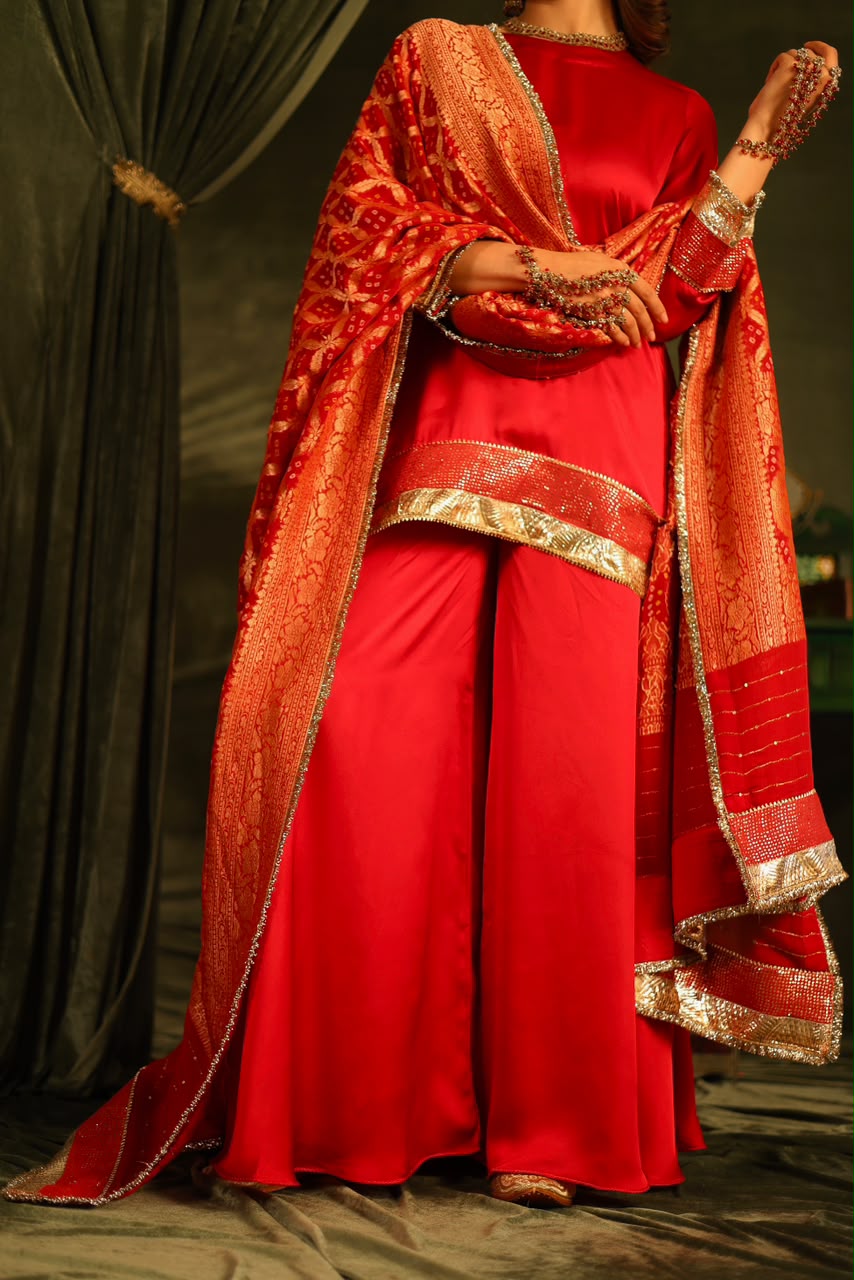 Red Bandhej Sharara Set with Kinnari Lace Detailing