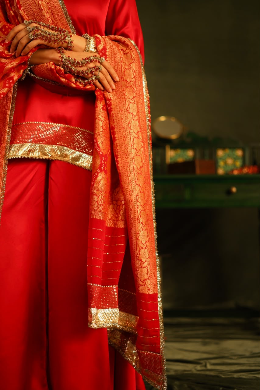 Red Bandhej Sharara Set with Kinnari Lace Detailing