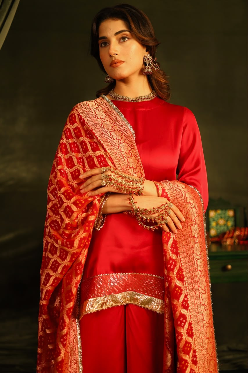 Red Bandhej Sharara Set with Kinnari Lace Detailing