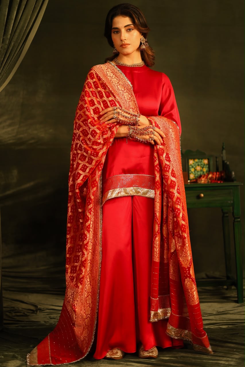 Red Bandhej Sharara Set with Kinnari Lace Detailing