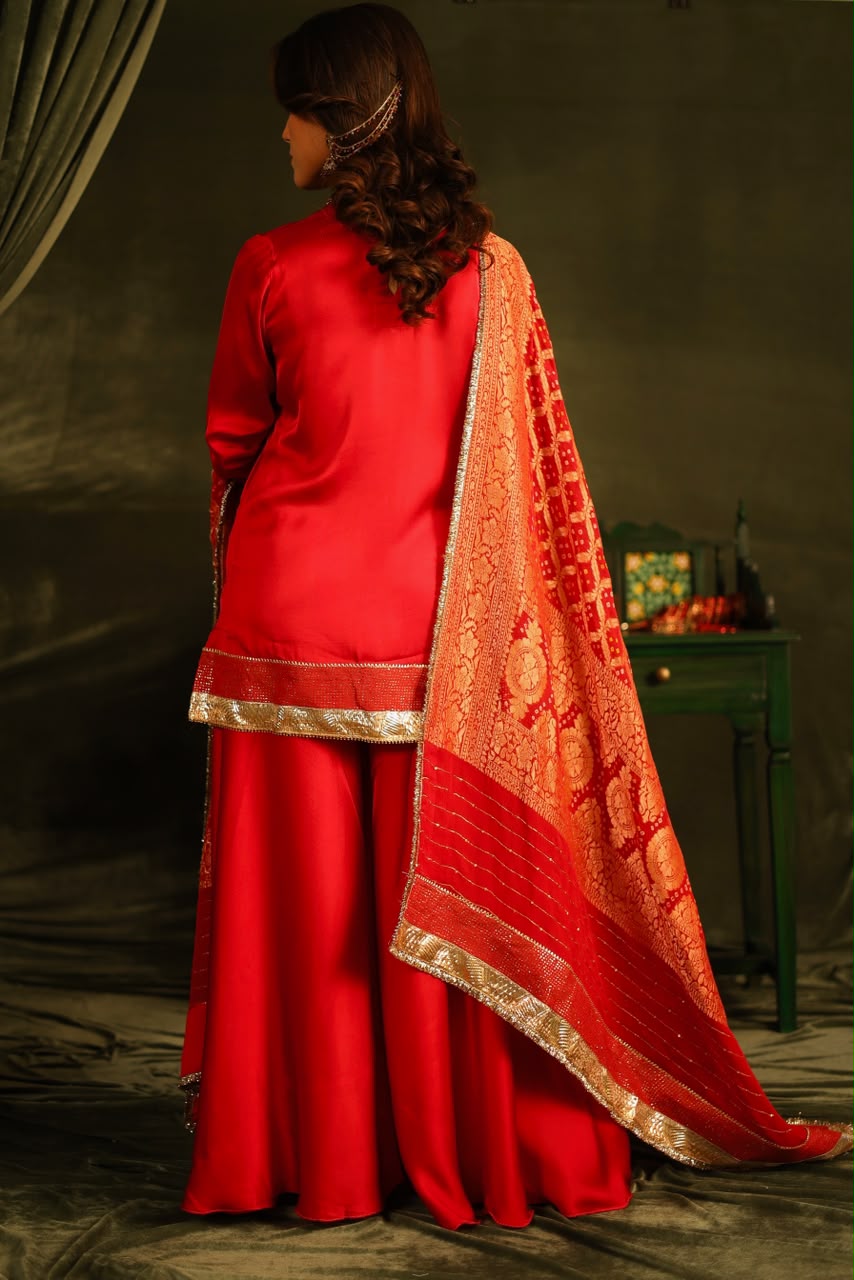 Red Bandhej Sharara Set with Kinnari Lace Detailing