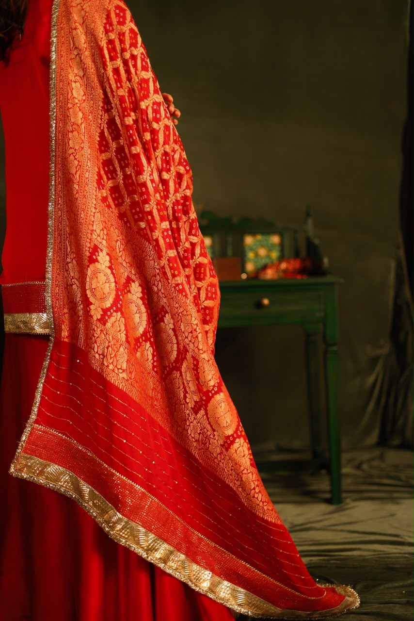 Red Bandhej Sharara Set with Kinnari Lace Detailing