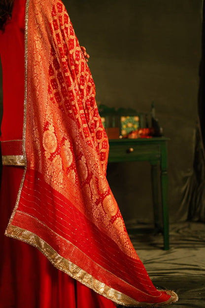 Red Bandhej Sharara Set with Kinnari Lace Detailing