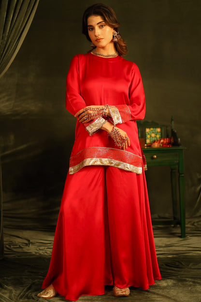 Red Bandhej Sharara Set with Kinnari Lace Detailing