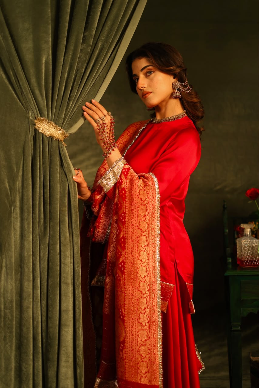 Red Bandhej Sharara Set with Kinnari Lace Detailing