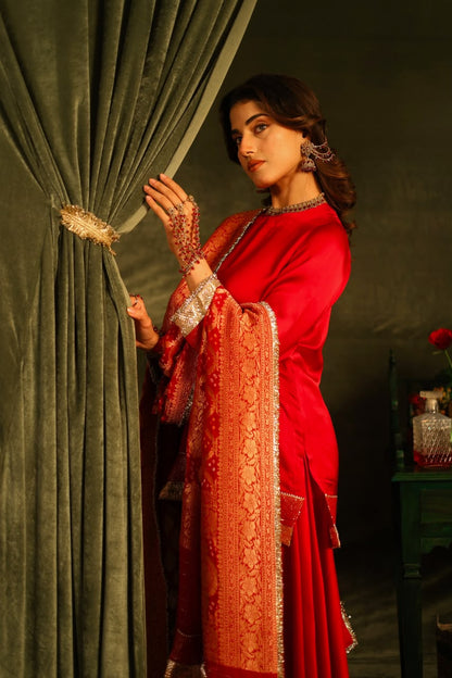 Red Bandhej Sharara Set with Kinnari Lace Detailing