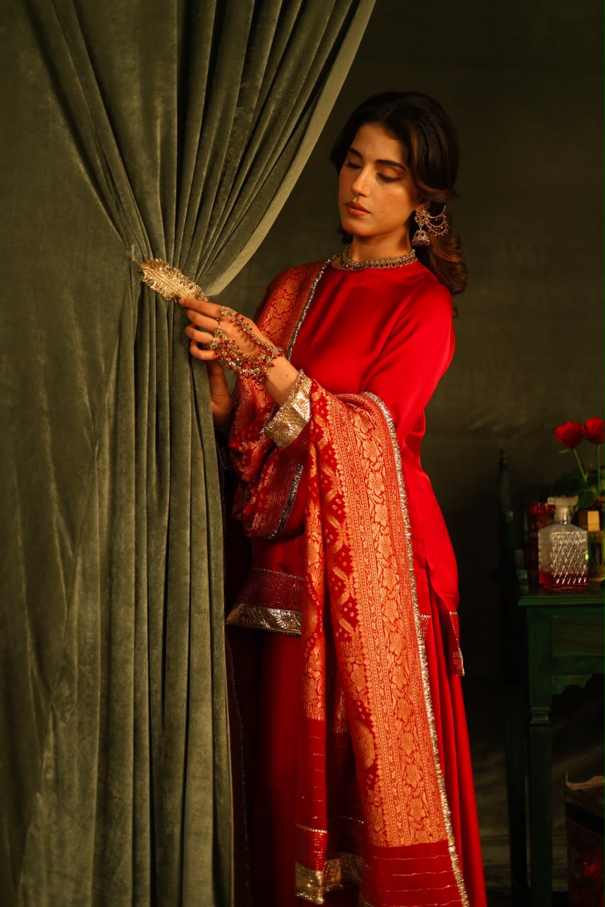 Red Bandhej Sharara Set with Kinnari Lace Detailing