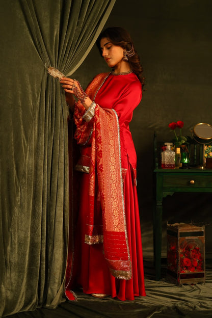 Red Bandhej Sharara Set with Kinnari Lace Detailing
