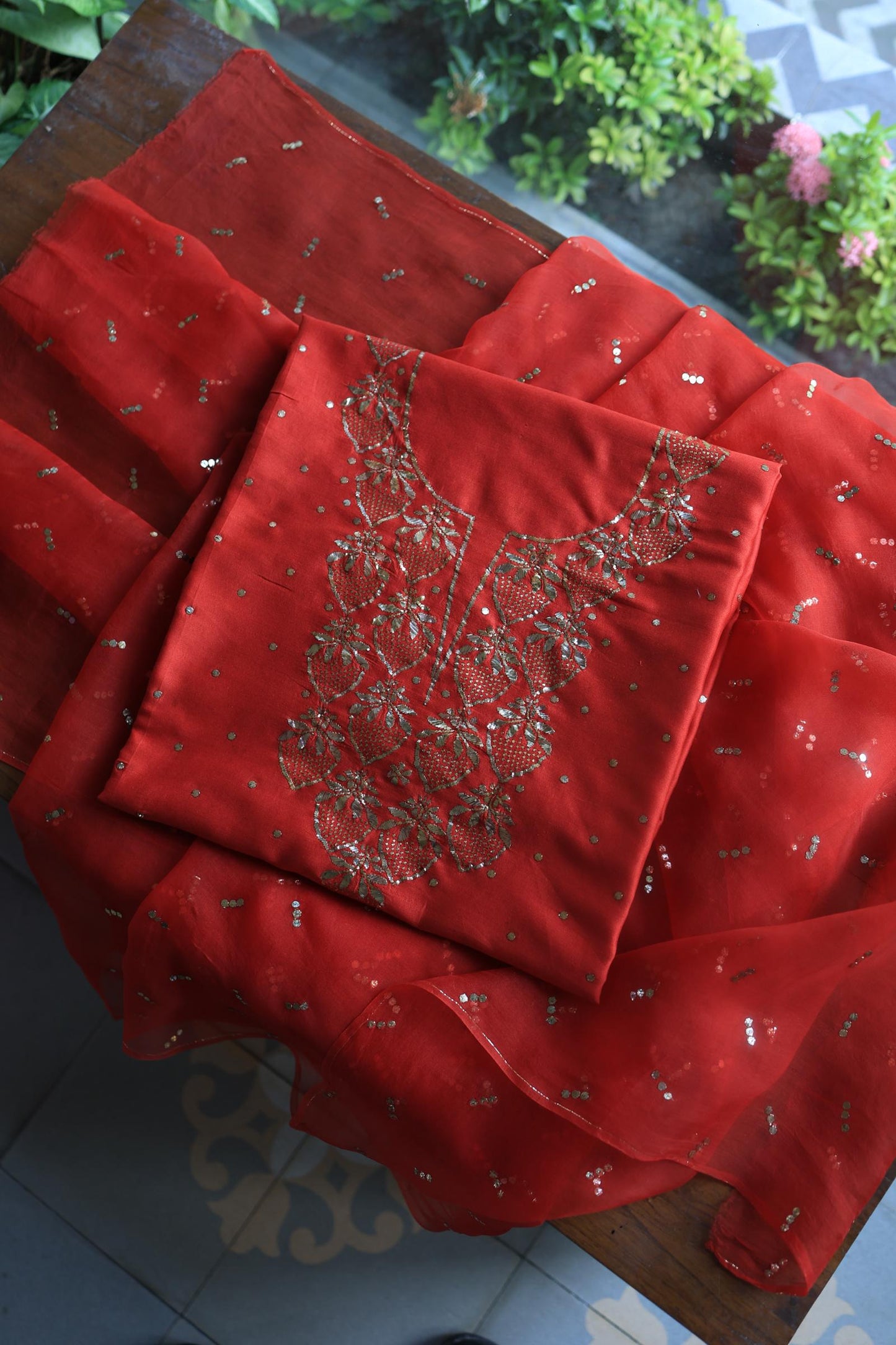 Red Chanderi Silk Mukaish Badla Unstitched Fabrics