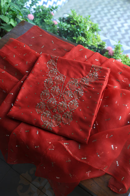 Red Chanderi Silk Mukaish Badla Unstitched Fabrics