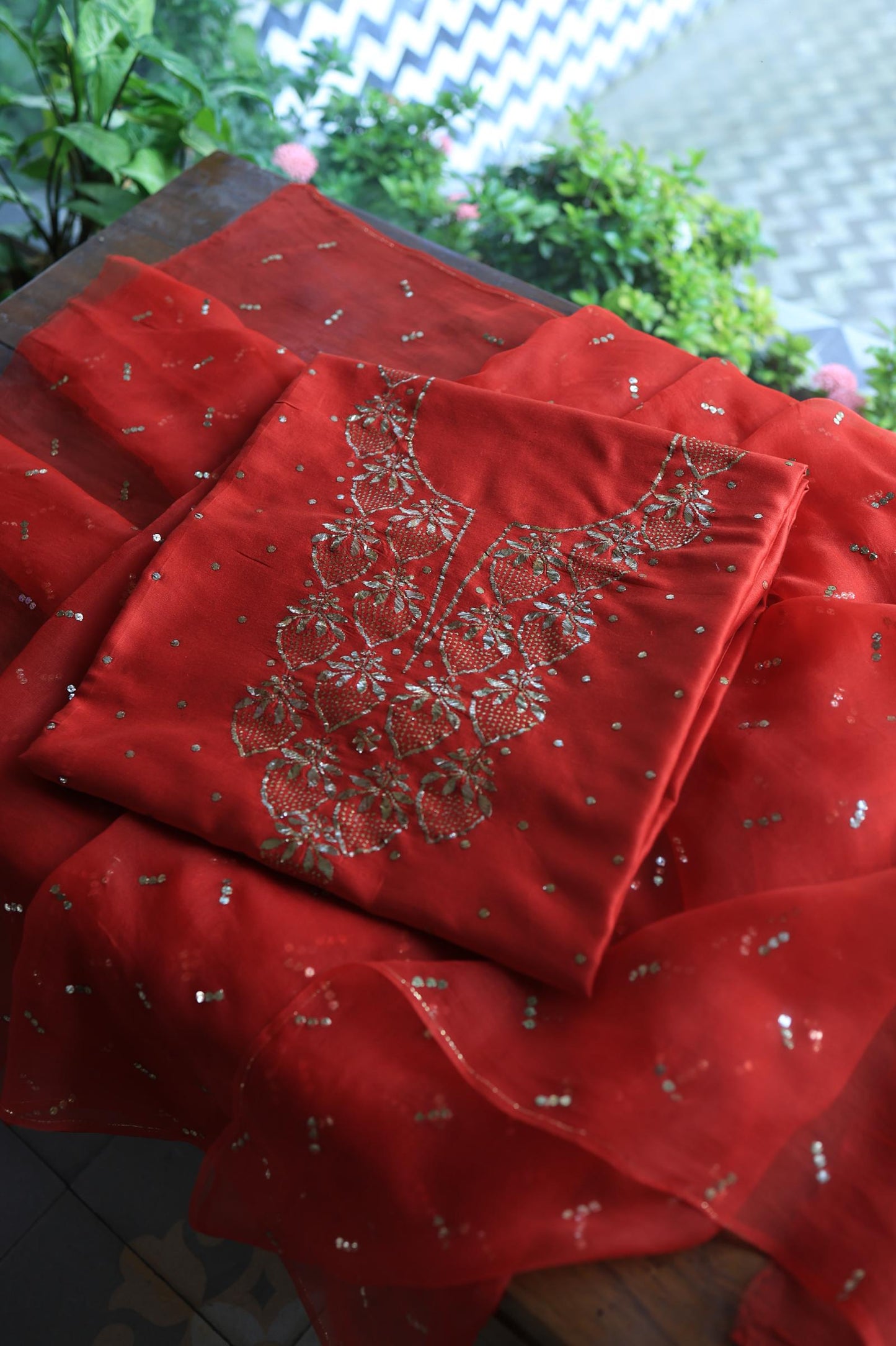 Red Chanderi Silk Mukaish Badla Unstitched Fabrics