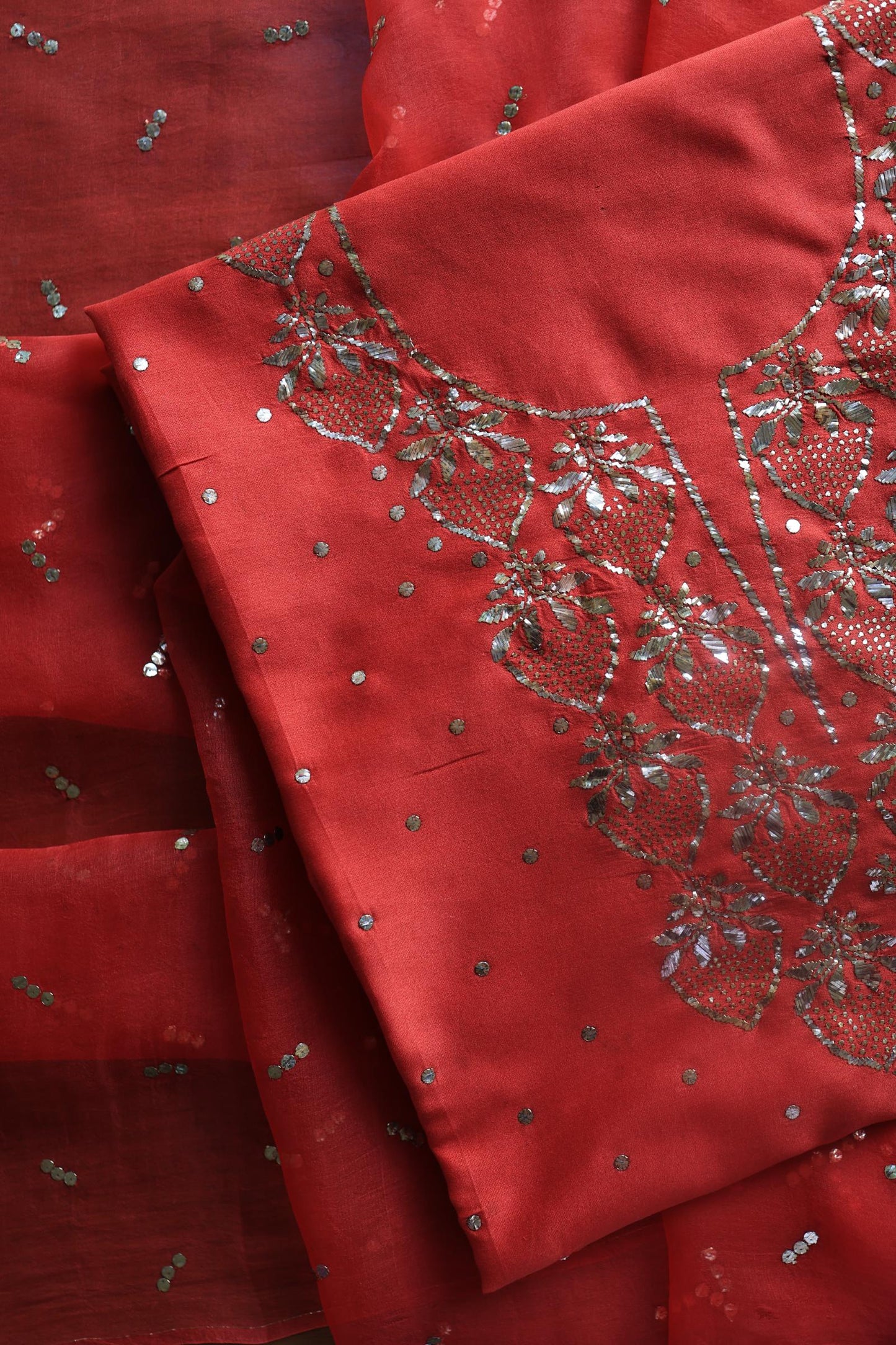 Red Chanderi Silk Mukaish Badla Unstitched Fabrics