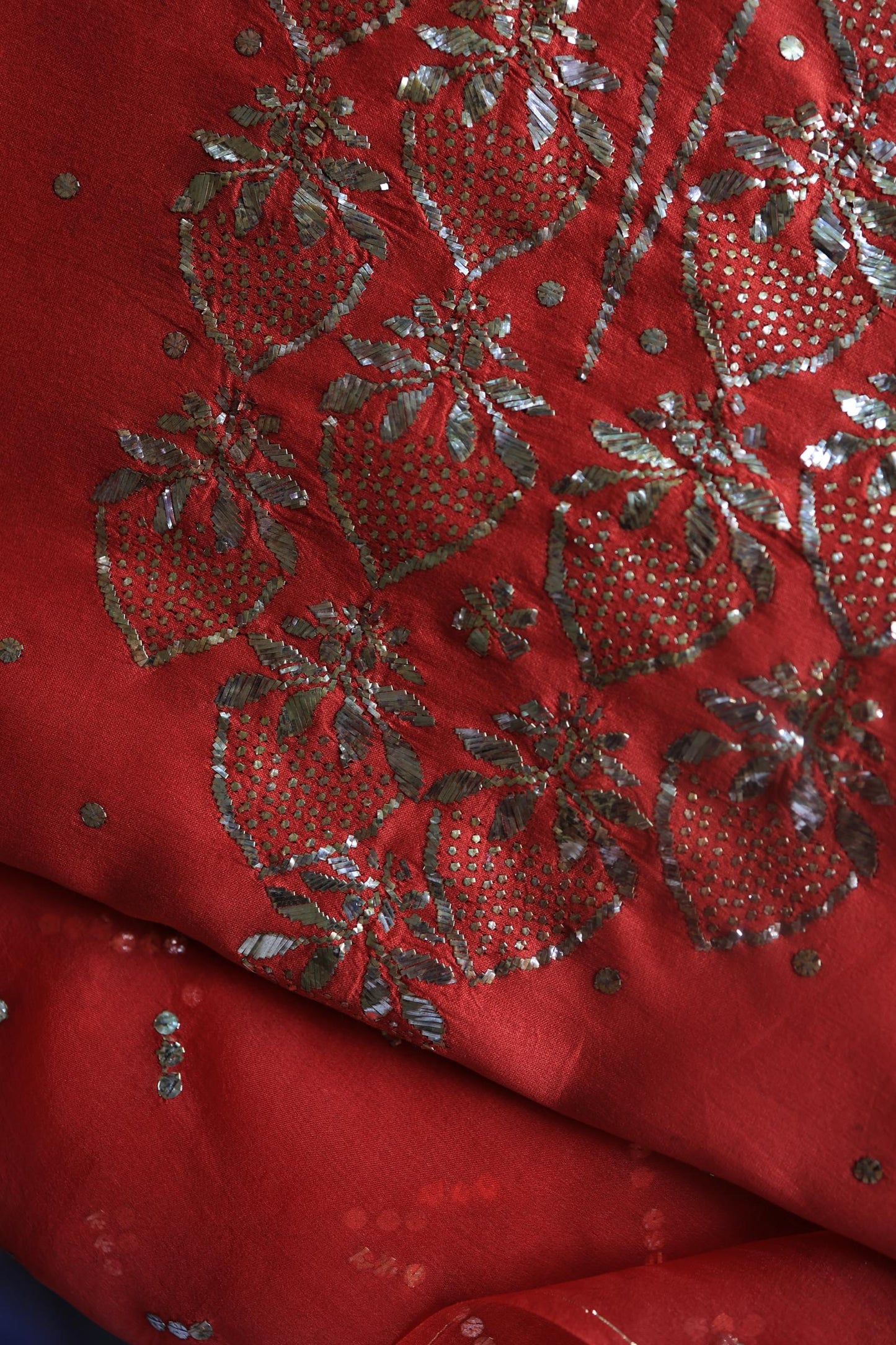 Red Chanderi Silk Mukaish Badla Unstitched Fabrics