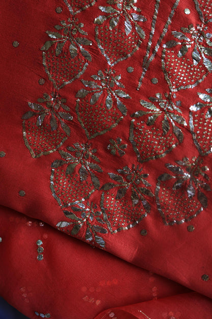 Red Chanderi Silk Mukaish Badla Unstitched Fabrics
