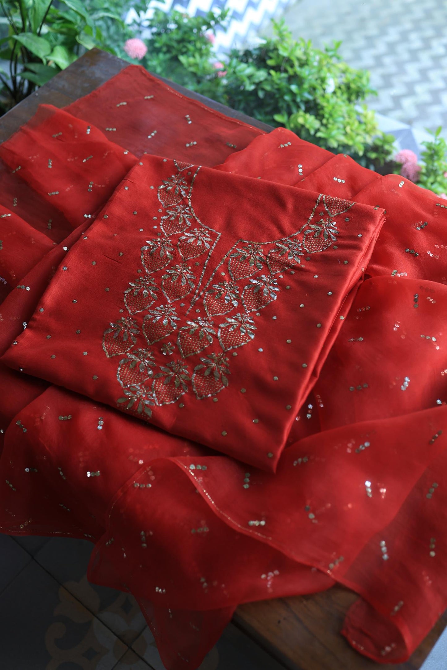 Red Chanderi Silk Mukaish Badla Unstitched Fabrics