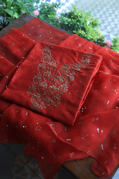 Red Chanderi Silk Mukaish Badla Unstitched Fabrics