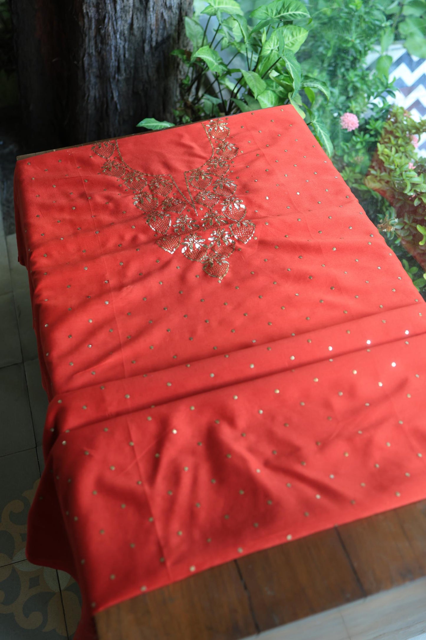 Red Chanderi Silk Mukaish Badla Unstitched Fabrics