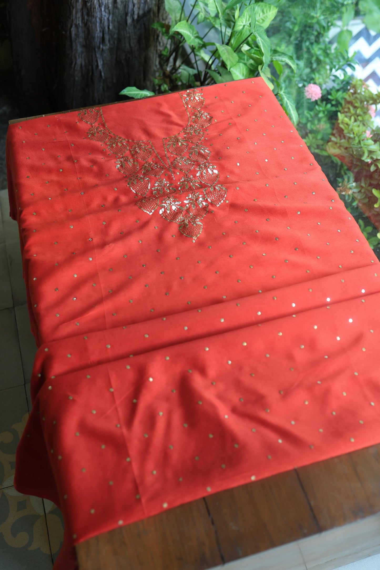 Red Chanderi Silk Mukaish Badla Unstitched Fabrics
