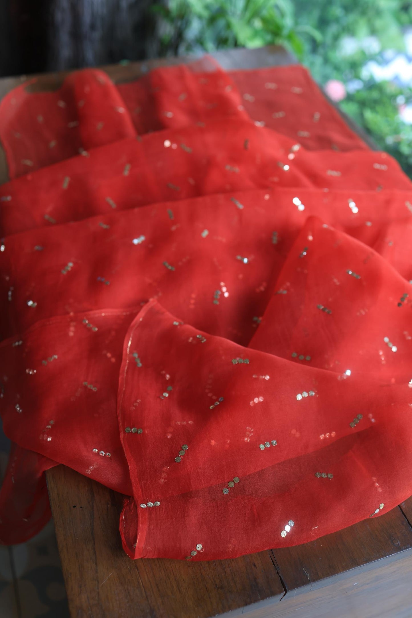 Red Chanderi Silk Mukaish Badla Unstitched Fabrics