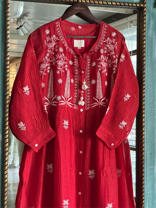 Red Chikankari Embroidered Kurta with Front Buttons & Tassel Detail