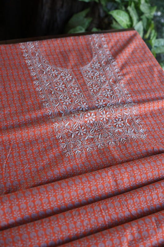 Red Cotton Kurta Fabric with Chikankari Embroidered Neckline