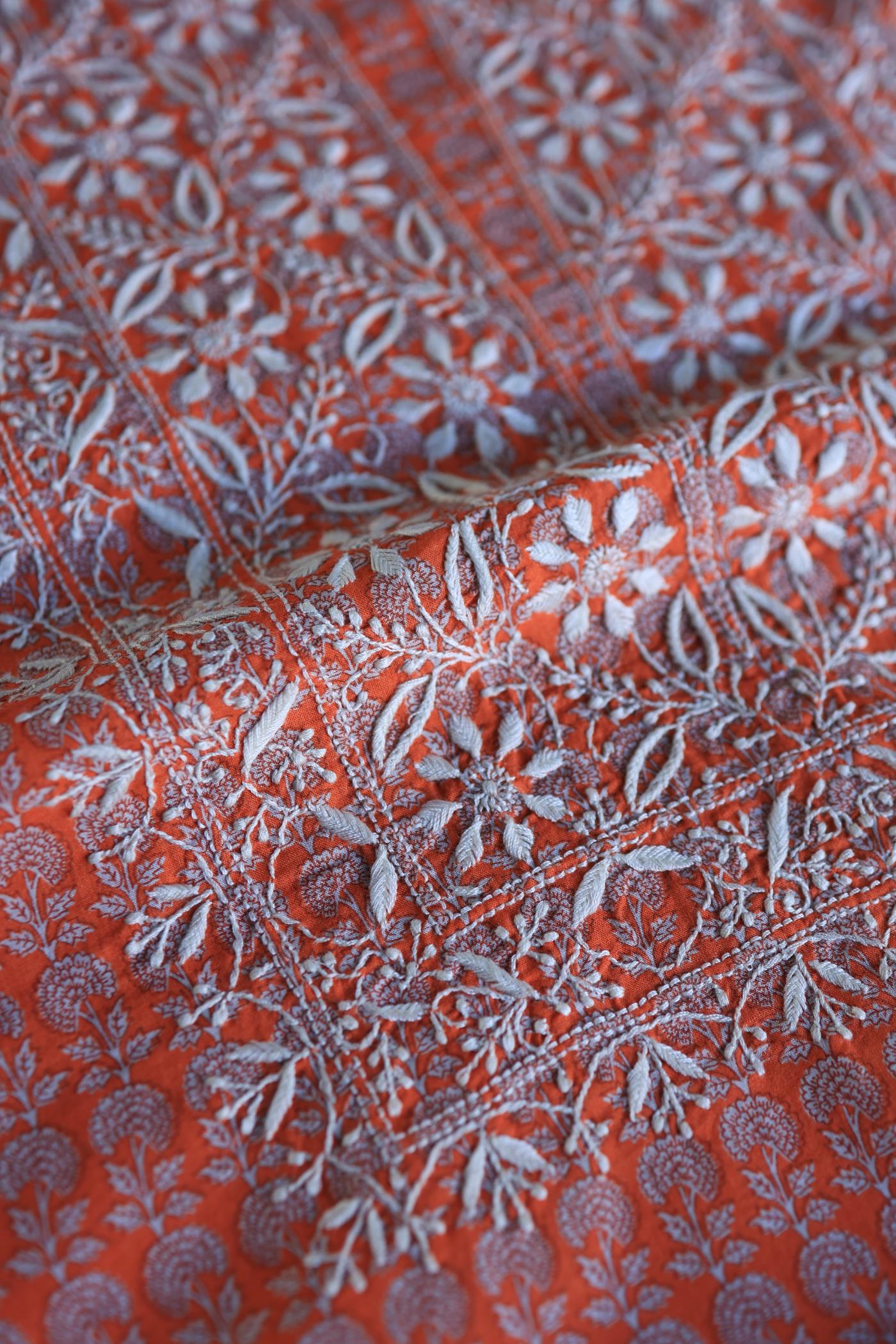 Red Cotton Kurta Fabric with Chikankari Embroidered Neckline