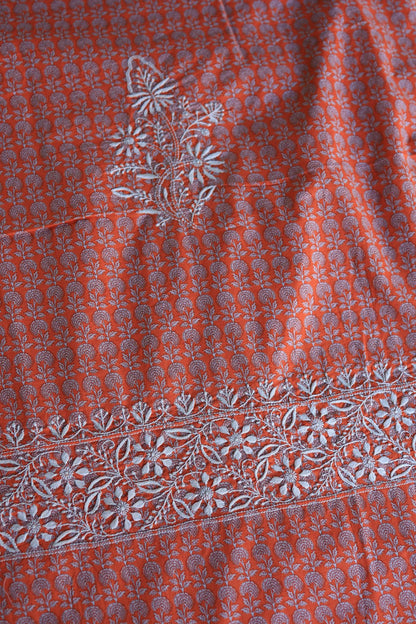 Red Cotton Kurta Fabric with Chikankari Embroidered Neckline