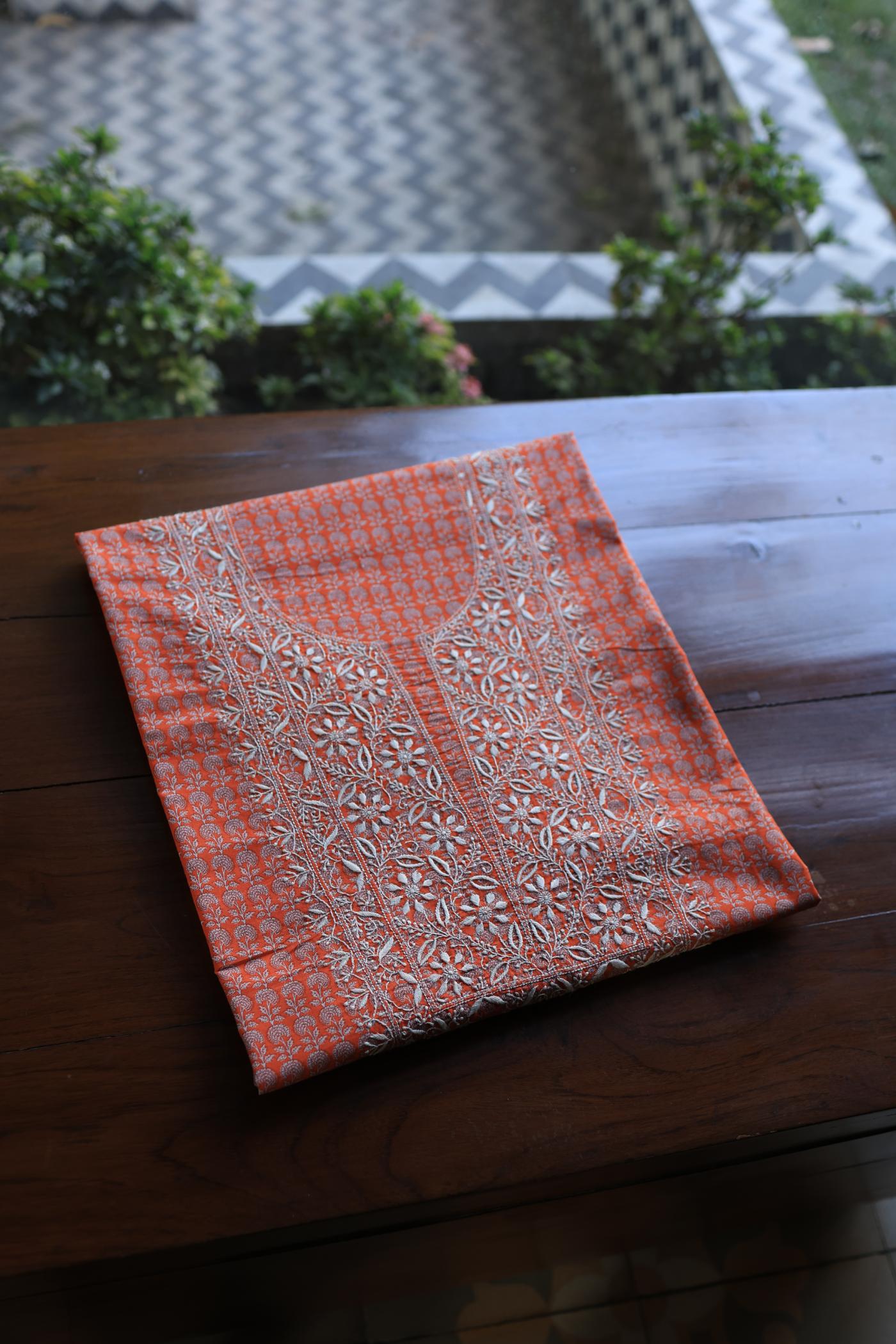 Red Cotton Kurta Fabric with Chikankari Embroidered Neckline