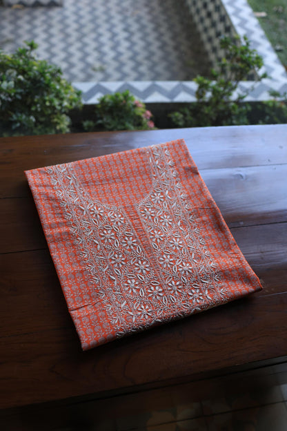 Red Cotton Kurta Fabric with Chikankari Embroidered Neckline