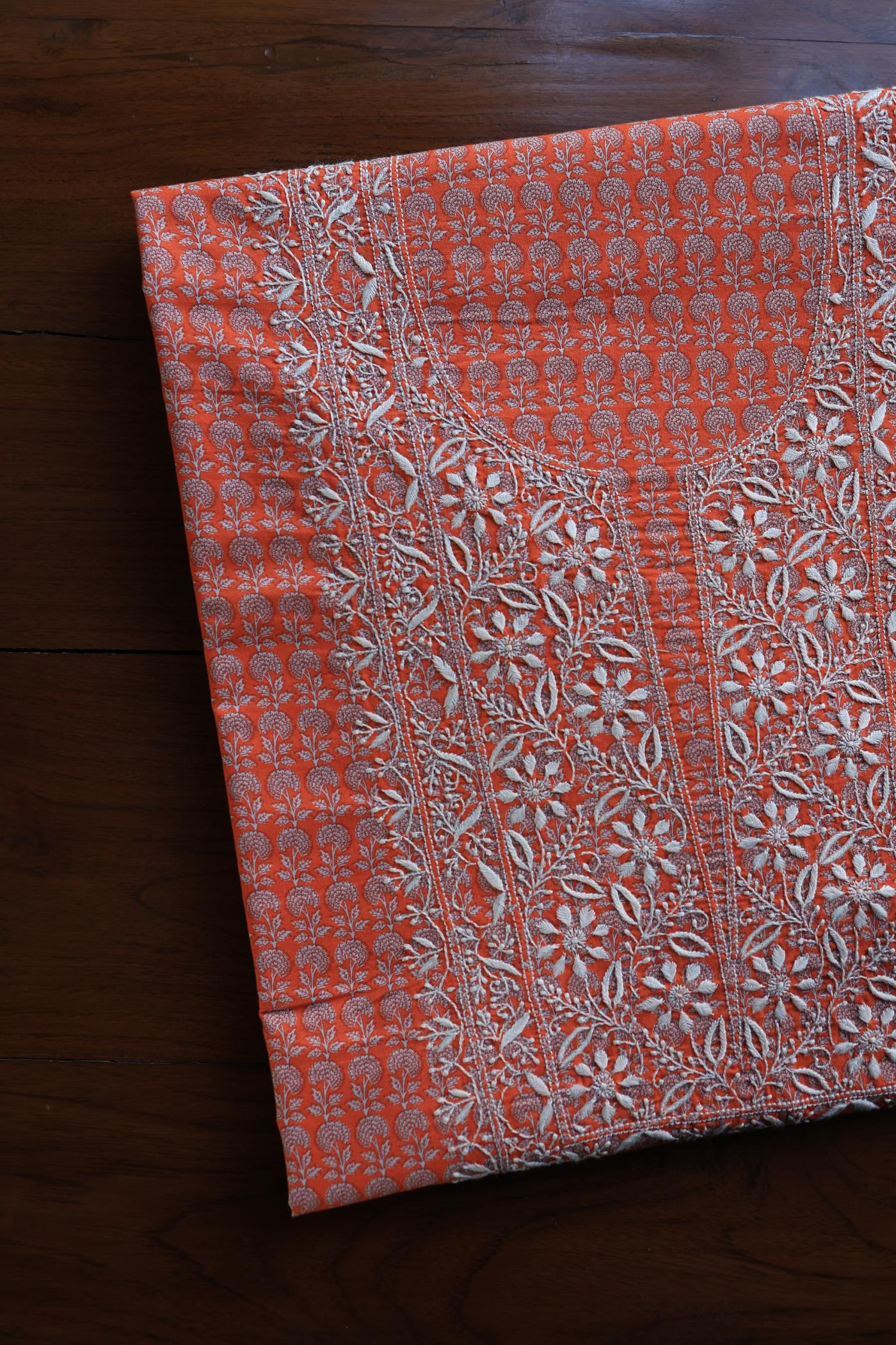 Red Cotton Kurta Fabric with Chikankari Embroidered Neckline