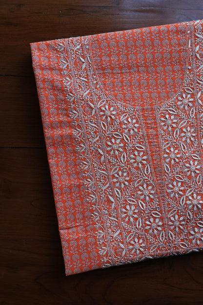 Red Cotton Kurta Fabric with Chikankari Embroidered Neckline