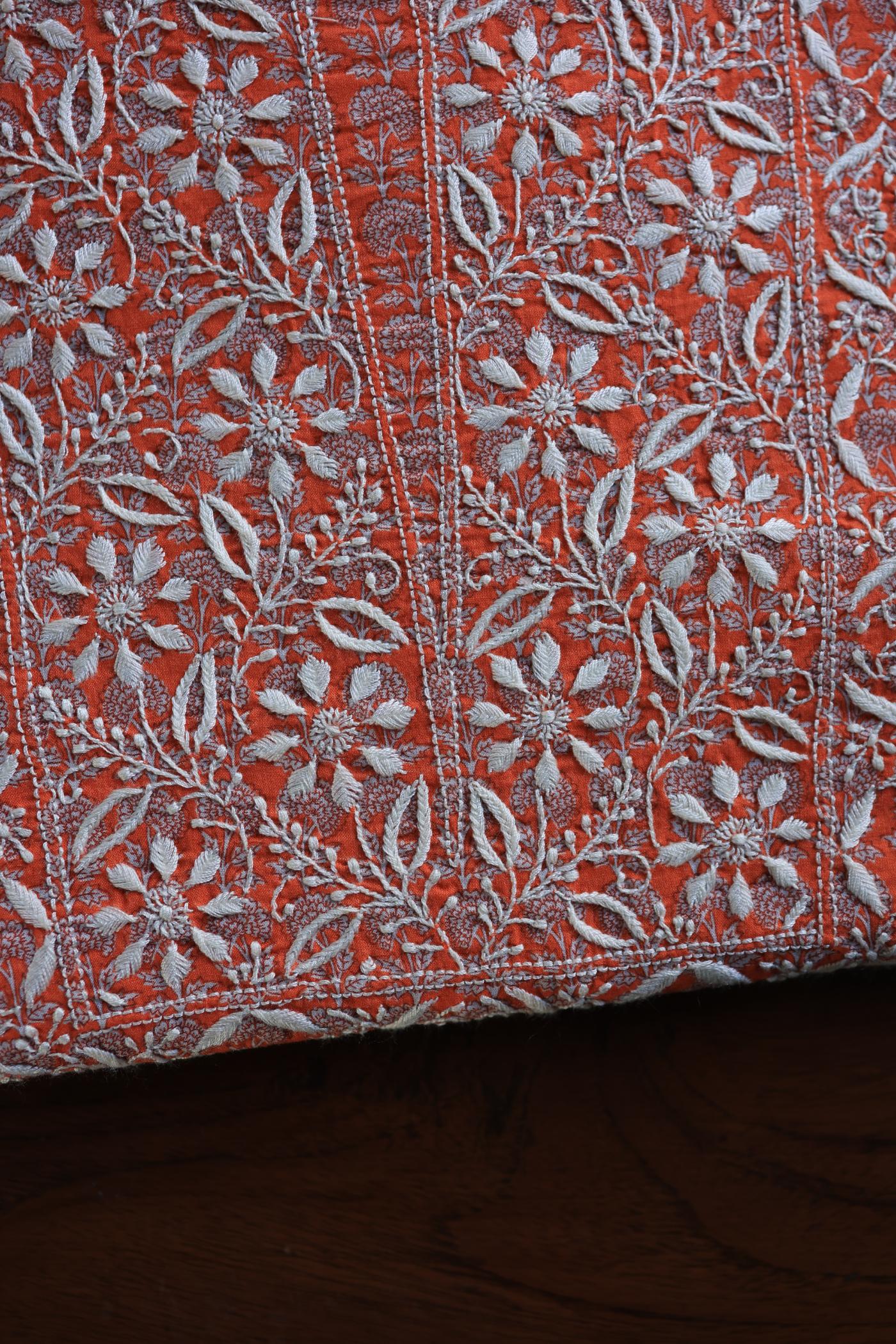 Red Cotton Kurta Fabric with Chikankari Embroidered Neckline