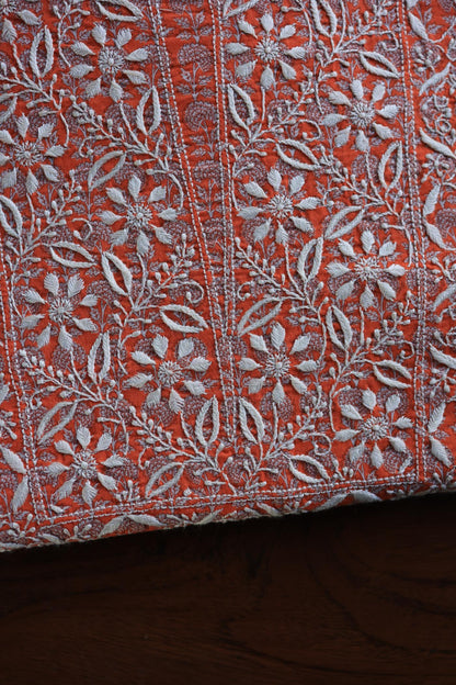Red Cotton Kurta Fabric with Chikankari Embroidered Neckline