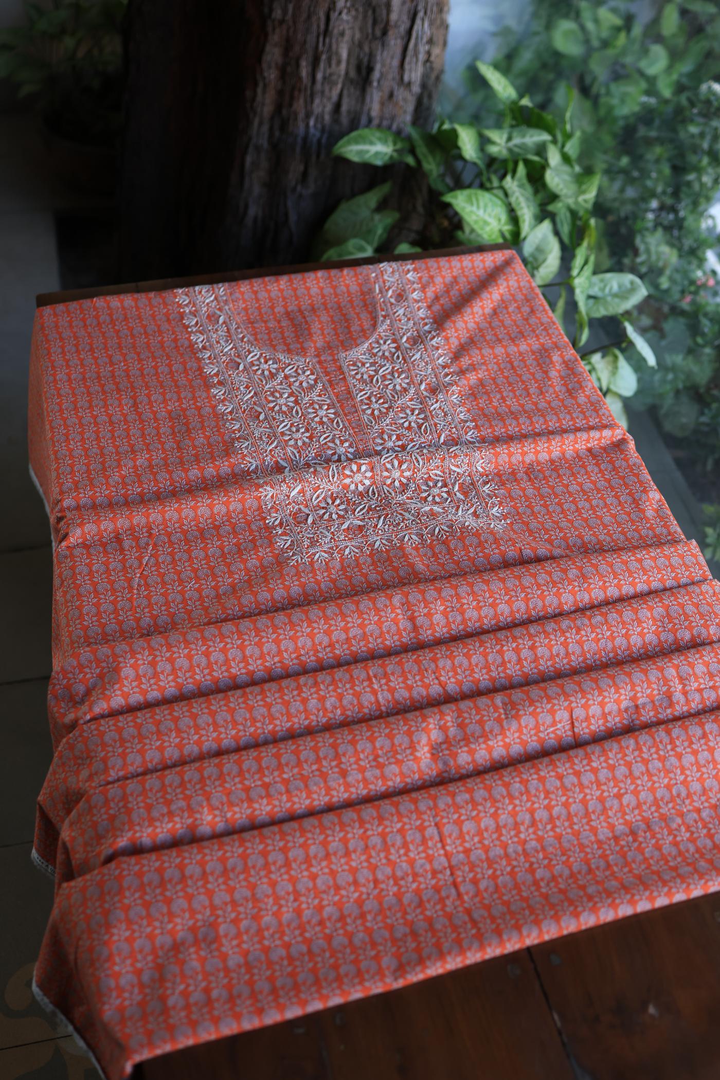 Red Cotton Kurta Fabric with Chikankari Embroidered Neckline