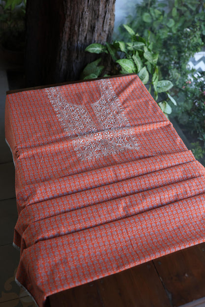 Red Cotton Kurta Fabric with Chikankari Embroidered Neckline