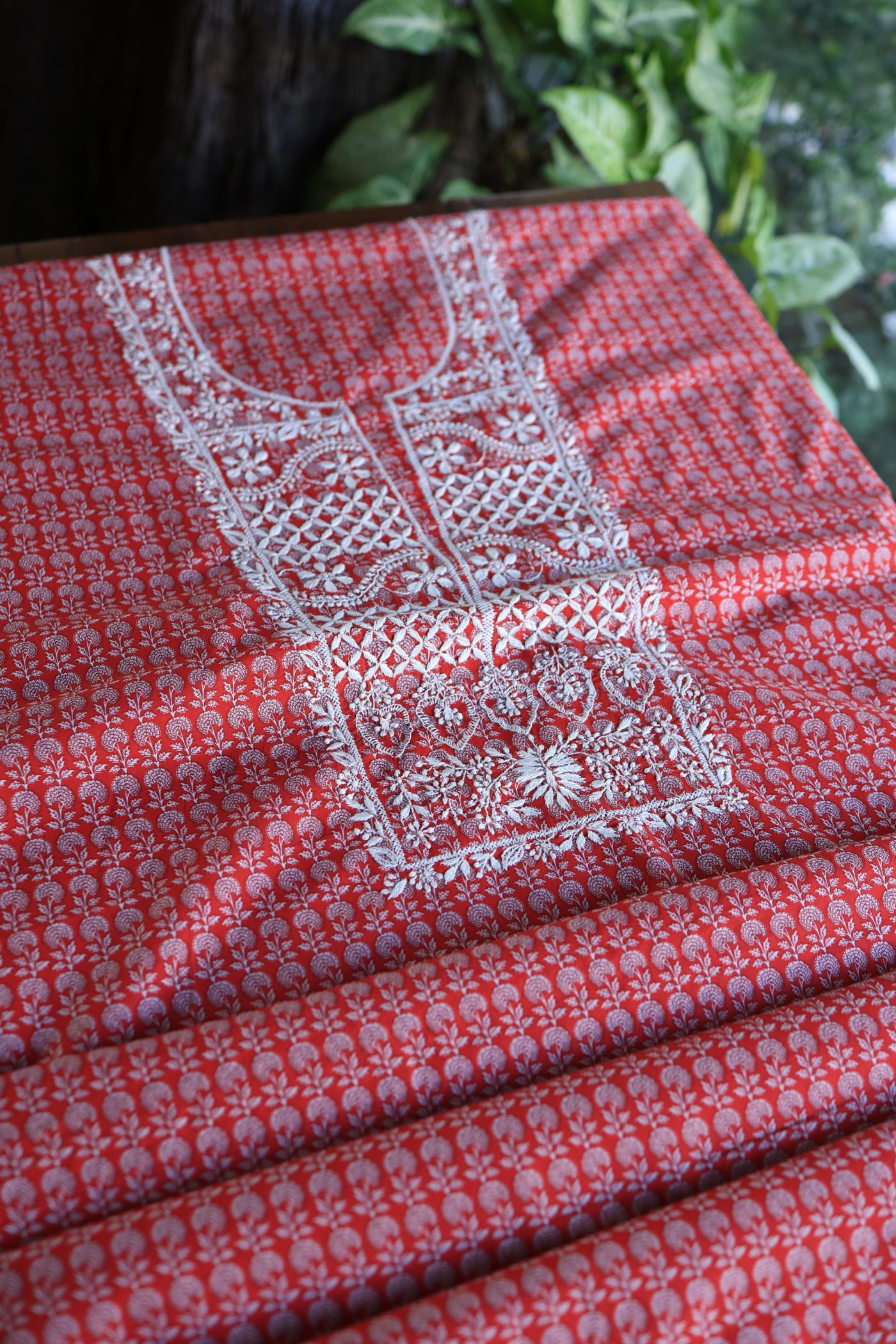 Red Floral Cotton Kurta Fabric with Chikankari Embroidered Neckline