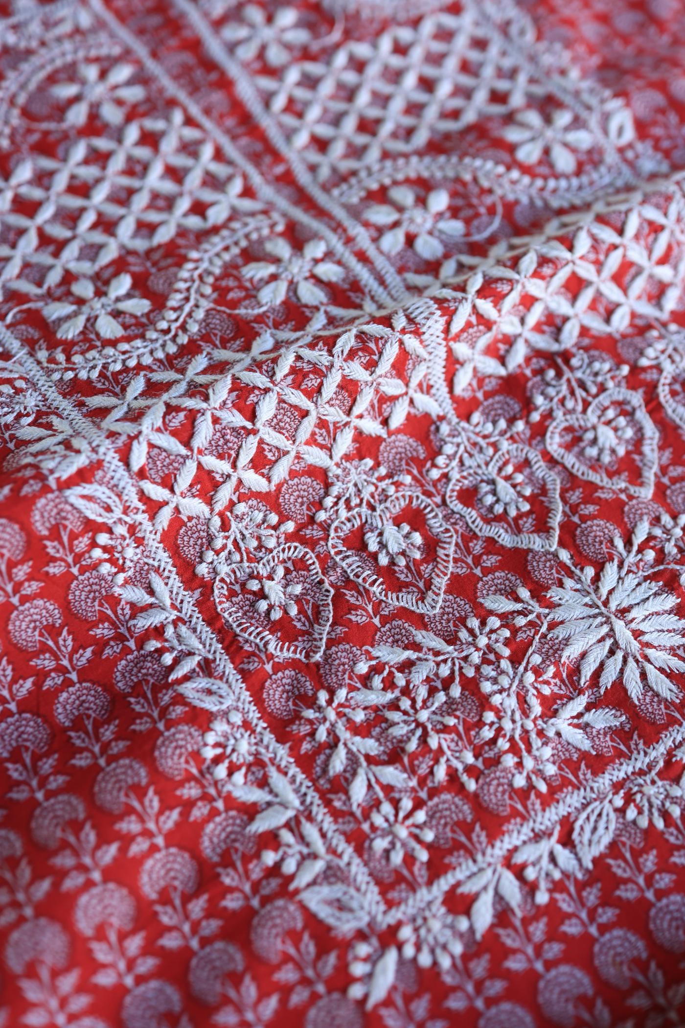 Red Floral Cotton Kurta Fabric with Chikankari Embroidered Neckline