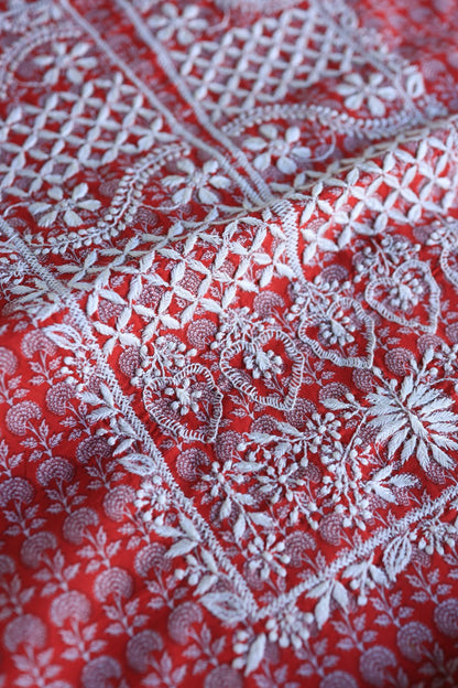 Red Floral Cotton Kurta Fabric with Chikankari Embroidered Neckline