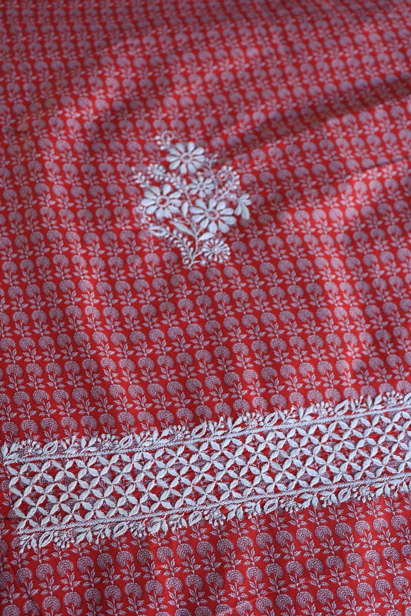Red Floral Cotton Kurta Fabric with Chikankari Embroidered Neckline