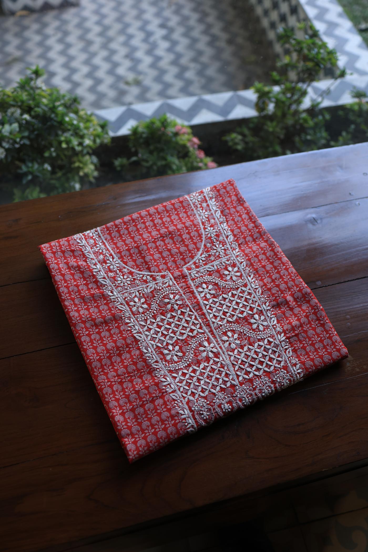 Red Floral Cotton Kurta Fabric with Chikankari Embroidered Neckline