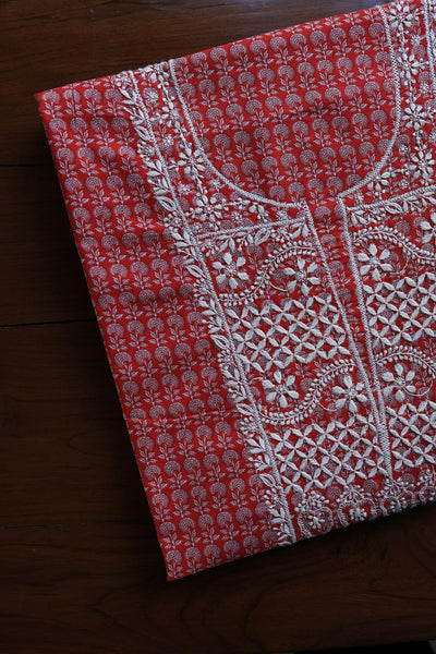 Red Floral Cotton Kurta Fabric with Chikankari Embroidered Neckline