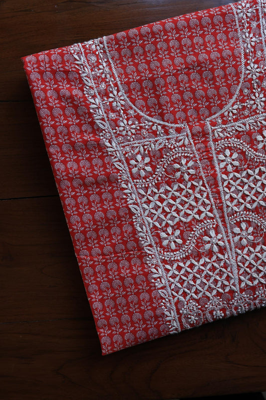 Red Floral Cotton Kurta Fabric with Chikankari Embroidered Neckline